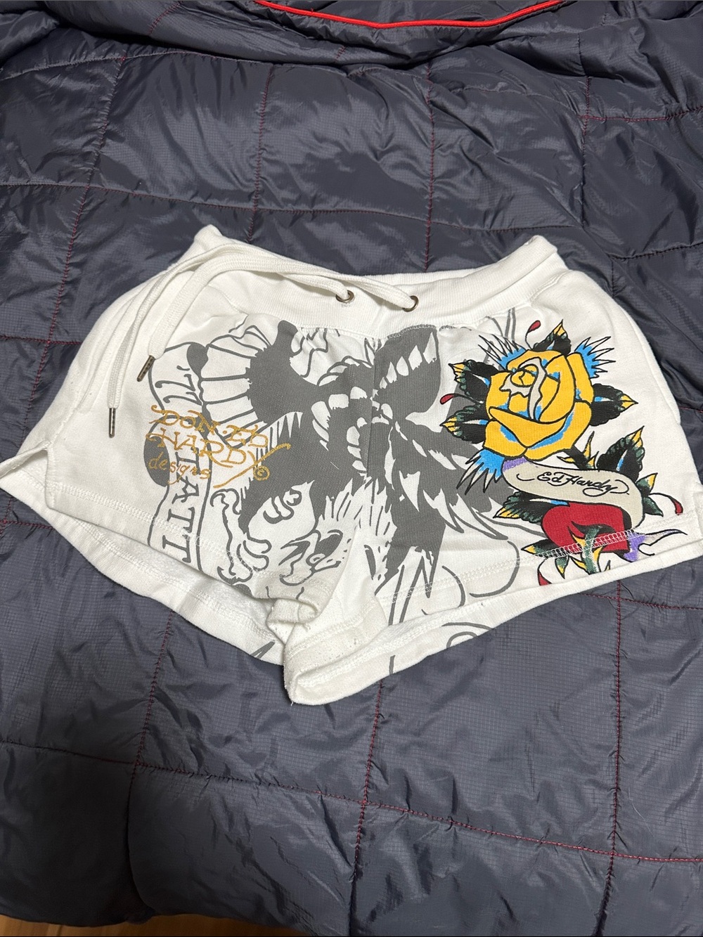 Ed Hardy White Athletic Shorts with Yellow Rose and Red Heart Graphic
